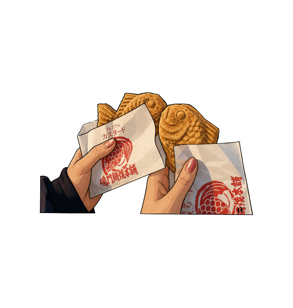 Sticker — hands holding taiyaki fish-shaped waffles
