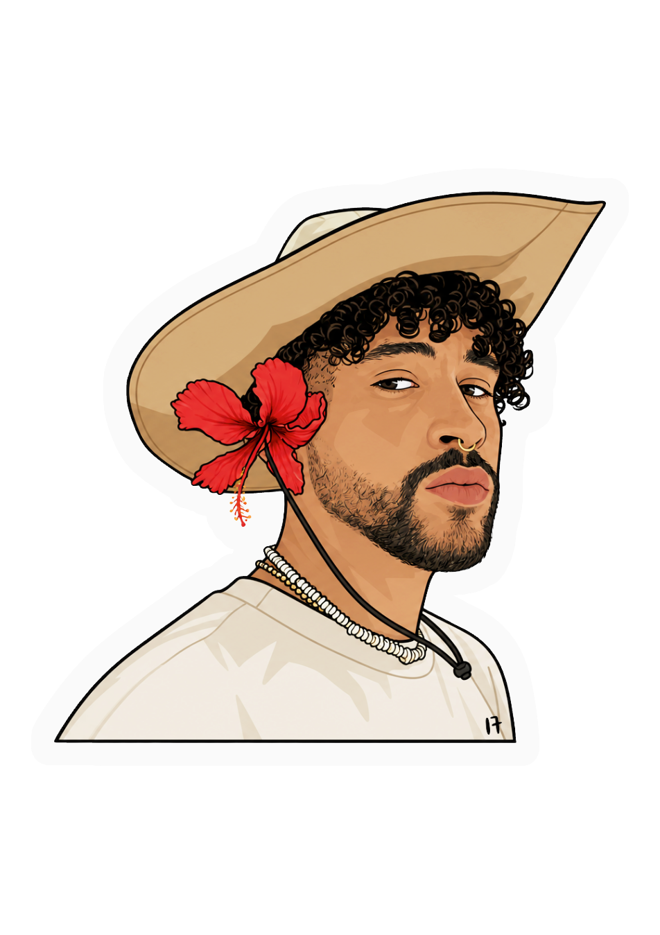 Sticker — portrait in a wide-brim hat with a hibiscus flower
